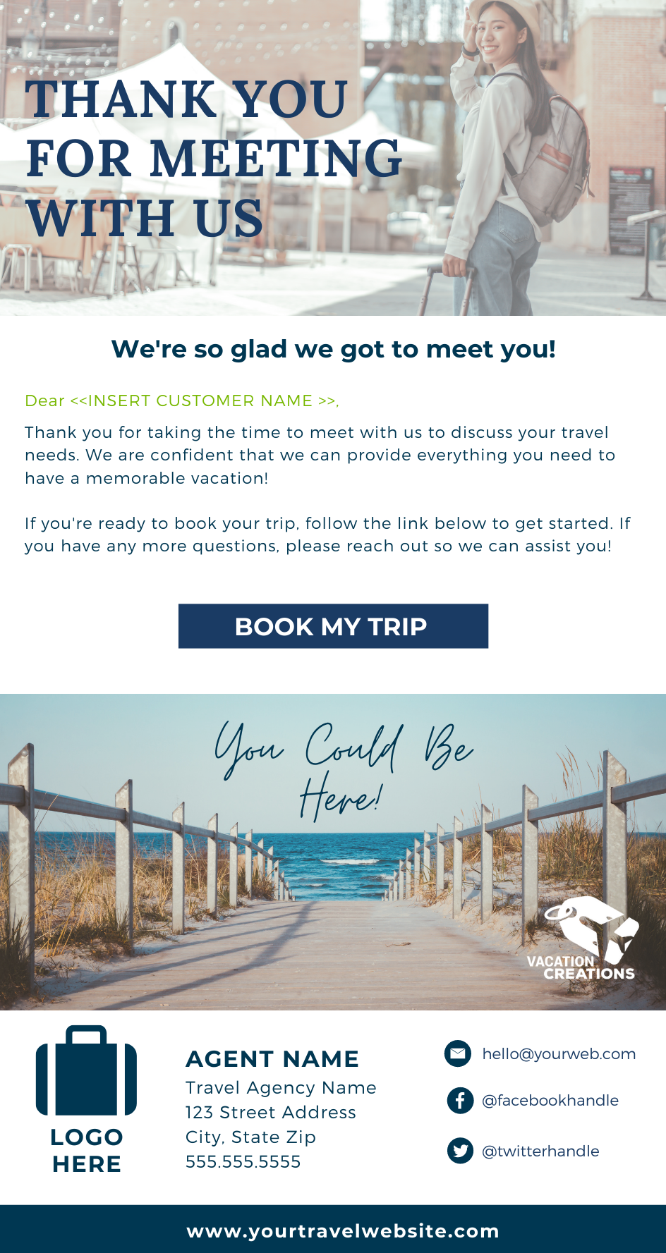 Travel agency flyer with a city scene, large 'THANK YOU FOR MEETING WITH US' headline and a 'BOOK MY TRIP' button; beach image below.