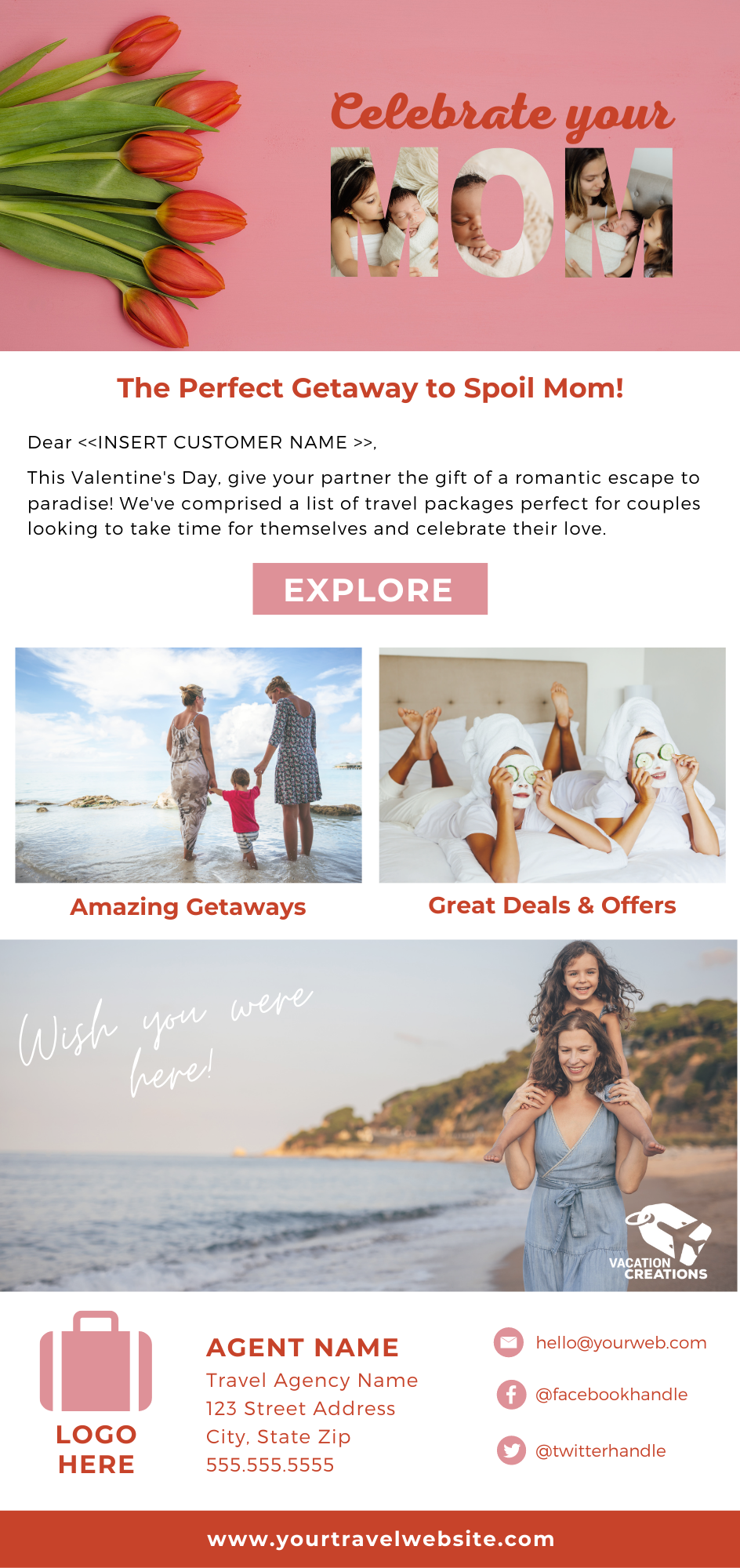 Mothers day Template - Vacation Creations Software for Travel Agents Pink header with tulips on the left and a 'Celebrate your MOM' photo collage on the right for a Mother's Day travel promo.