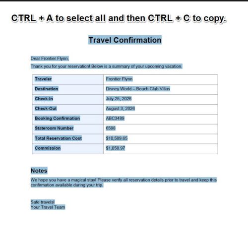 Copy from pdf Travel confirmation page for Frontier Flynn with stay at Disney World Beach Club Villas, July 25–August 3, 2026, booking ABC3489 and total cost $10,589.65, commission $1,058.97.