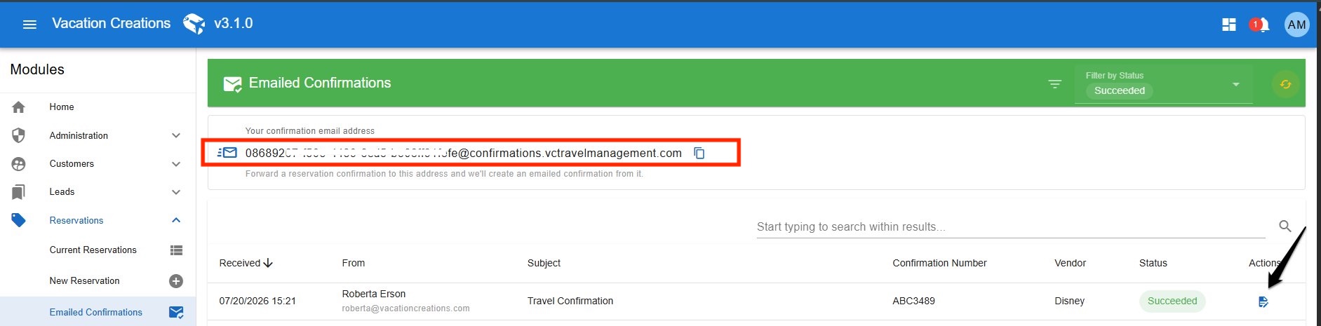 Dashboard showing Emailed Confirmations; highlighted row displays an email address with an edit action on the right.