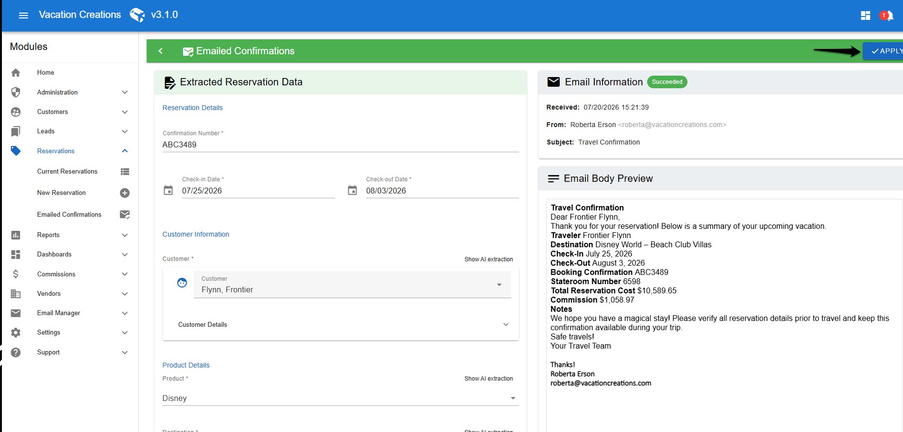 Vacation Creations admin dashboard with a central reservation data form (ABC3489) and right-side email info and body preview panels.